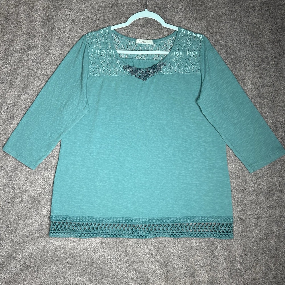 Cactus Tunic Top Womens Size‎ Xl Teal Embroidered Floral